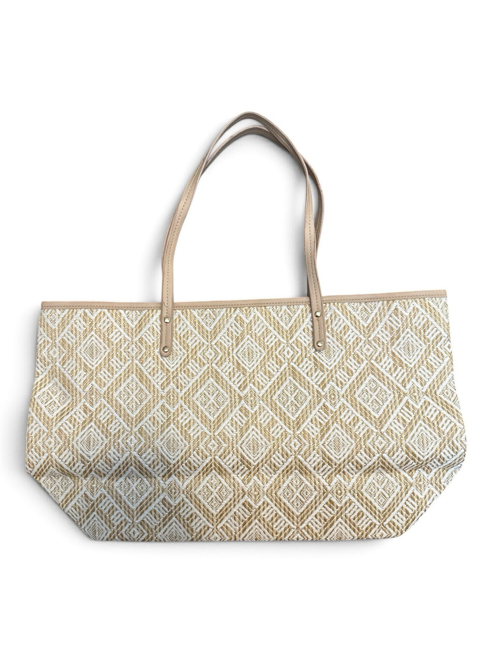Signature Beige Geometric Tote Bag Snap Closure Inner Pockets